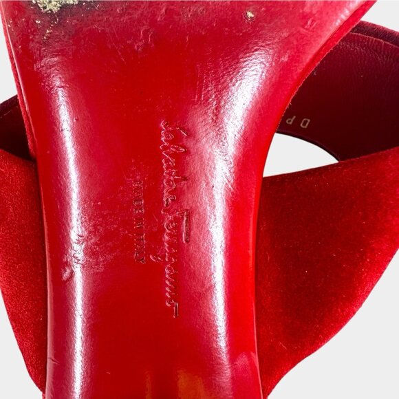 Salvatore Ferragamo Belluno Lipstick Suede Calf Flower Heel Slide Sandals US 4.5 - Picture 11 of 14